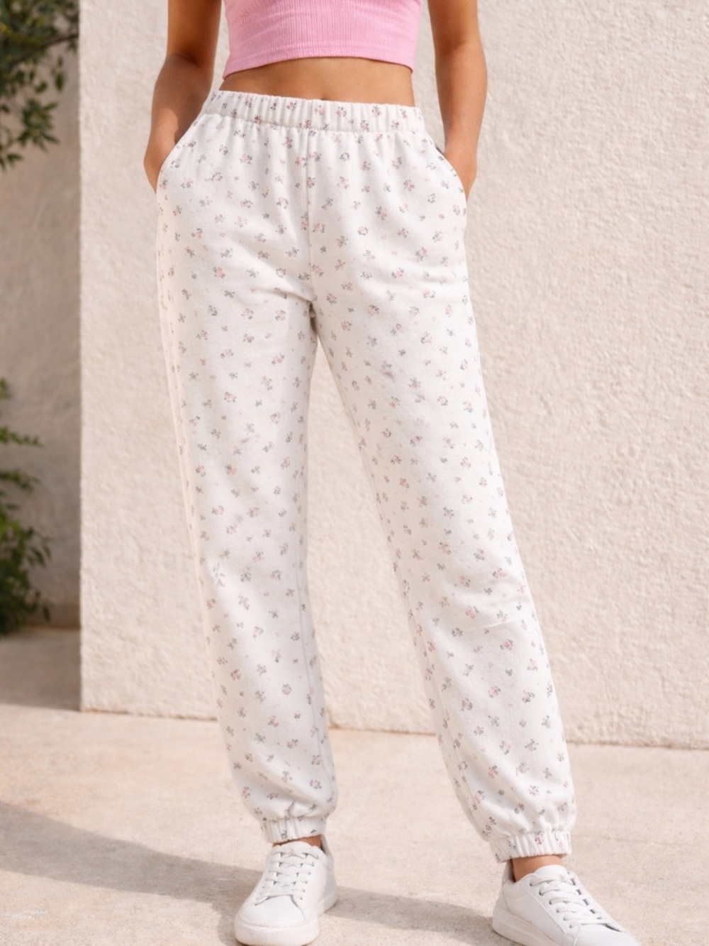 Edikted White sweat Pants with Pink Floral Print